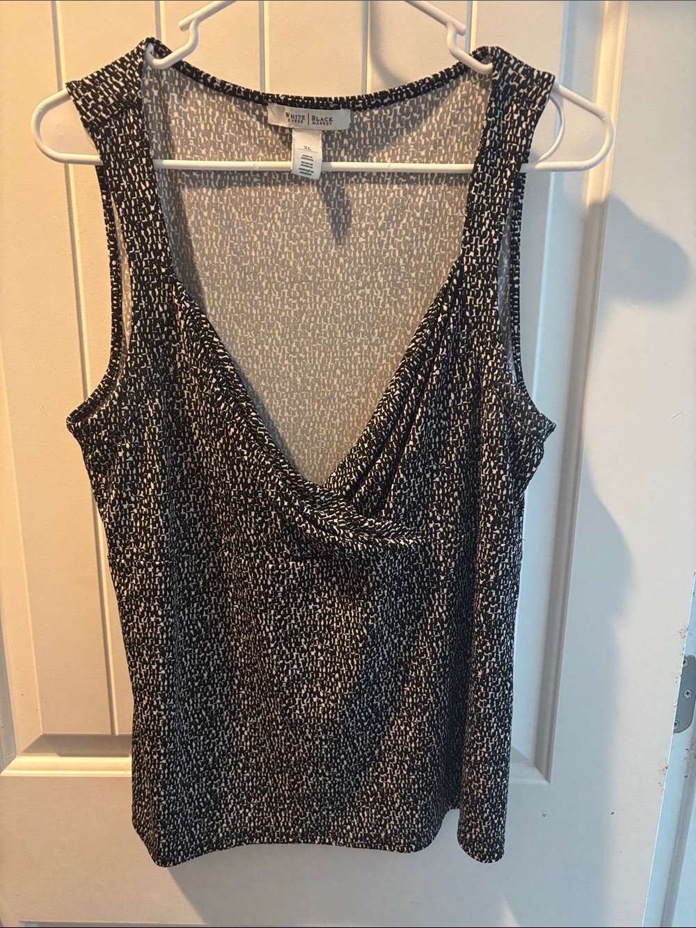 White House Black Market Black & White Draped V-Neck Tank